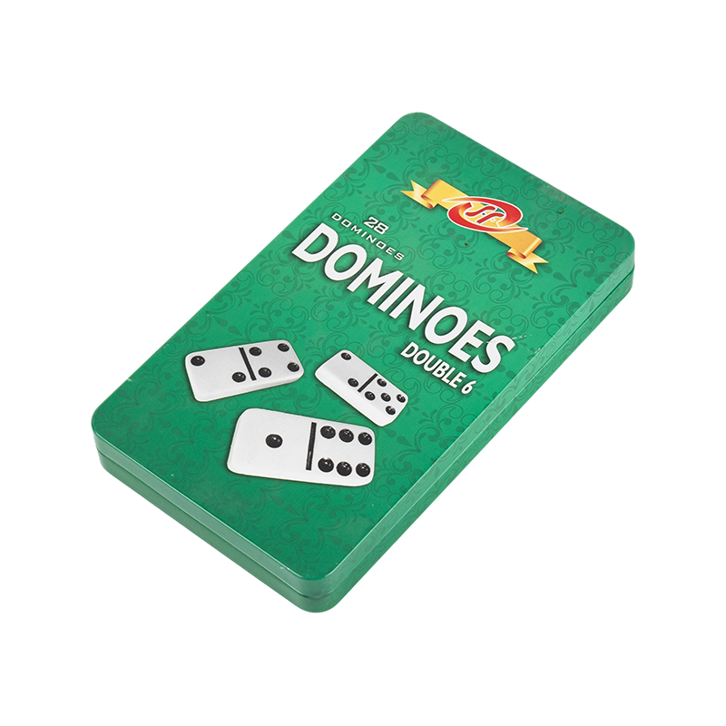 Štandardné dvojité šesť domino v tmavo modrej železnej skrinke