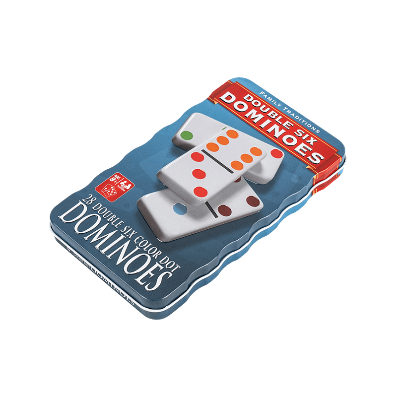 Dvojité šesť domino s modrými opakovane použiteľnými zberateľmi železná krabica 